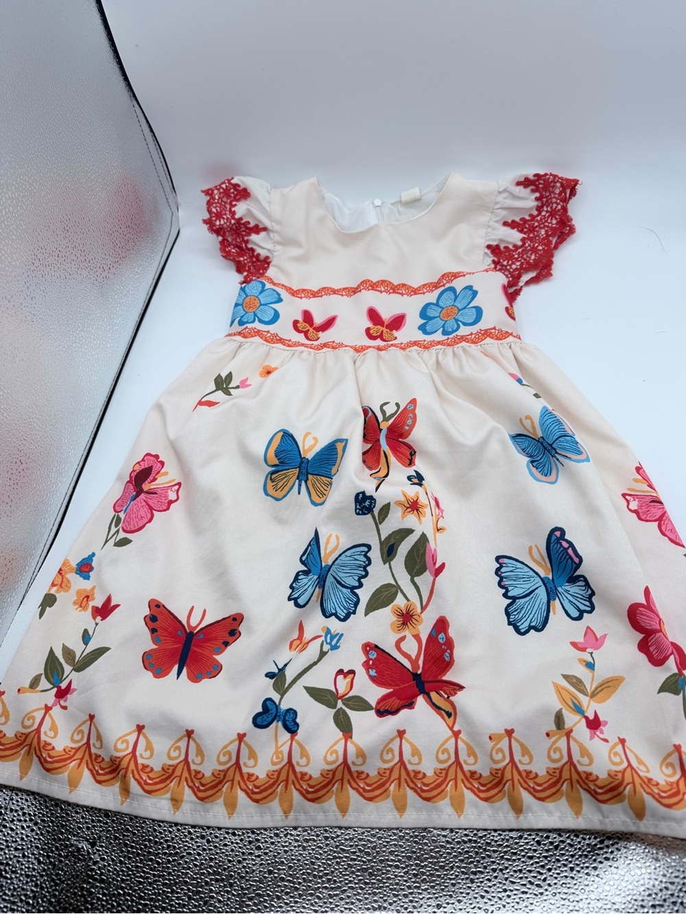Mini Taylor Girls' Butterfly Embroidered Dress - Red & Blue